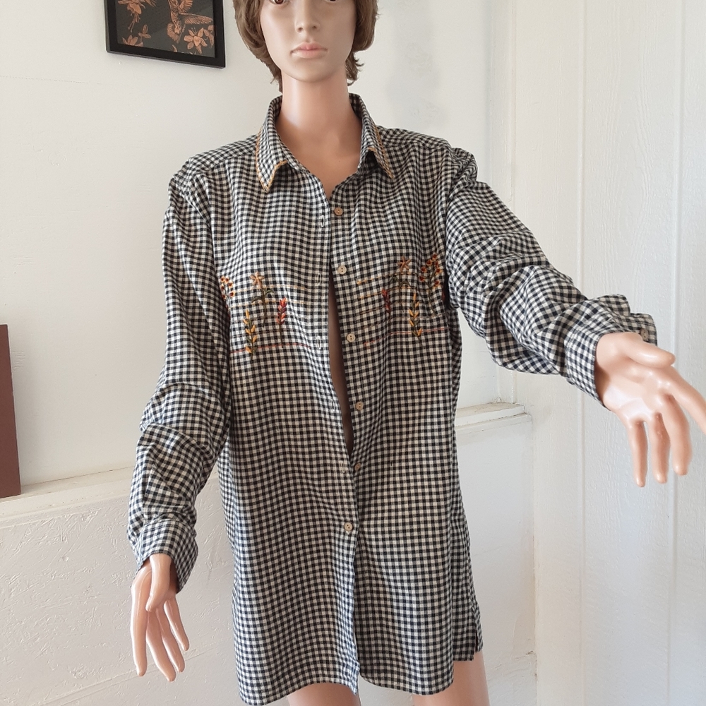 Bobbie Brooks #245 Women's Shirt Plaid Black /Beige Sz XL Preowned Collared